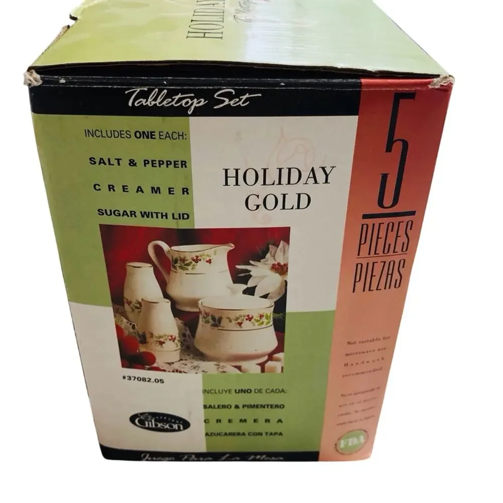 NIB Everyday Gibson Holiday Gold Table Top Set Salt Pepper Creamer Sugar